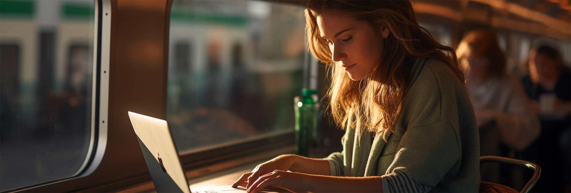 Woman using laptop by window of train