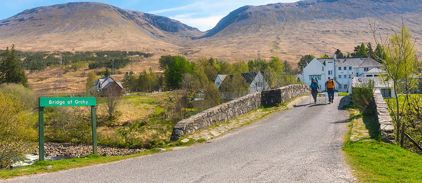 People walking on West Highland Way at Bridge of Orchy